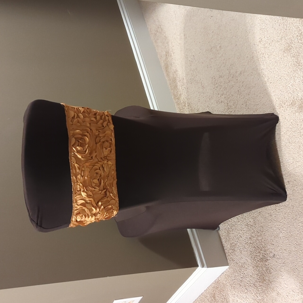 Polyester Stretch Spandex Banquet Chair Covers Chocolate Brown with Golden Sash
